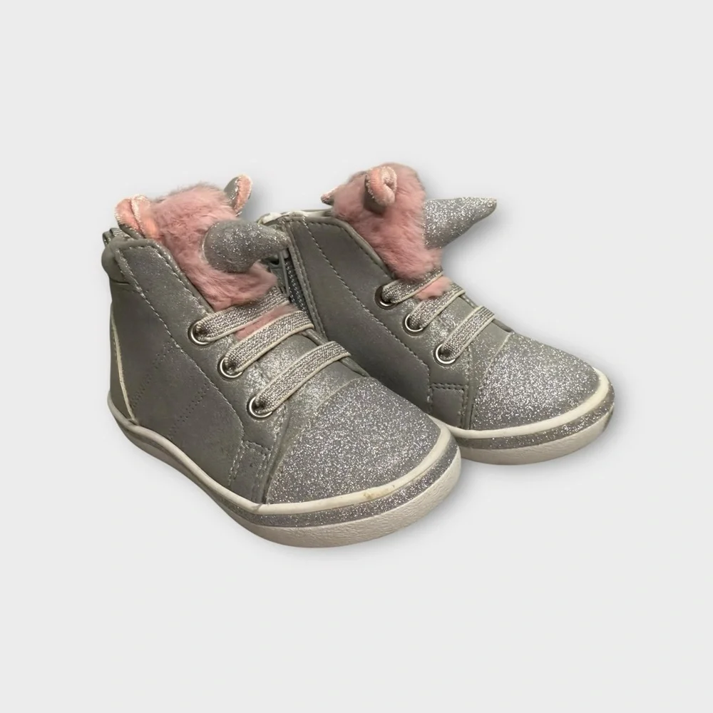 Wonder Nation Gray Glitter Unicorn Pink Faux Fur Shoes